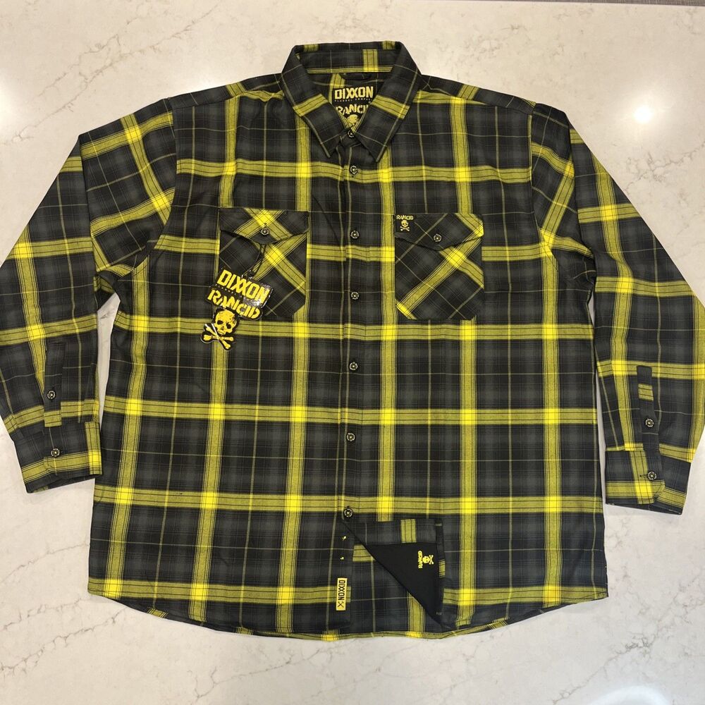 Dixxon NEW 4XL Flannel RANCID‎ Colab Punk Rock Flannel Shirt Yellow Black Plaid
